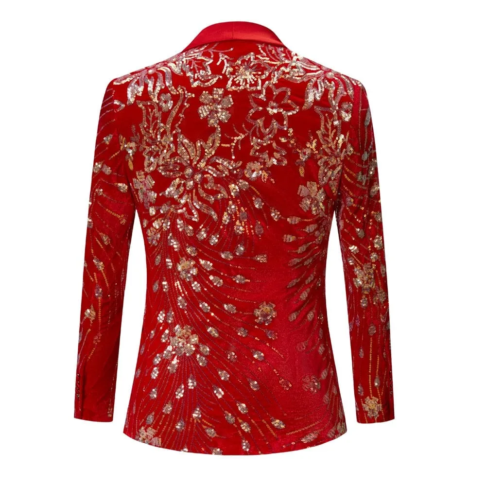 The Blaise Velvet Sequin Slim Fit Blazer Suit Jacket - Cherry Red