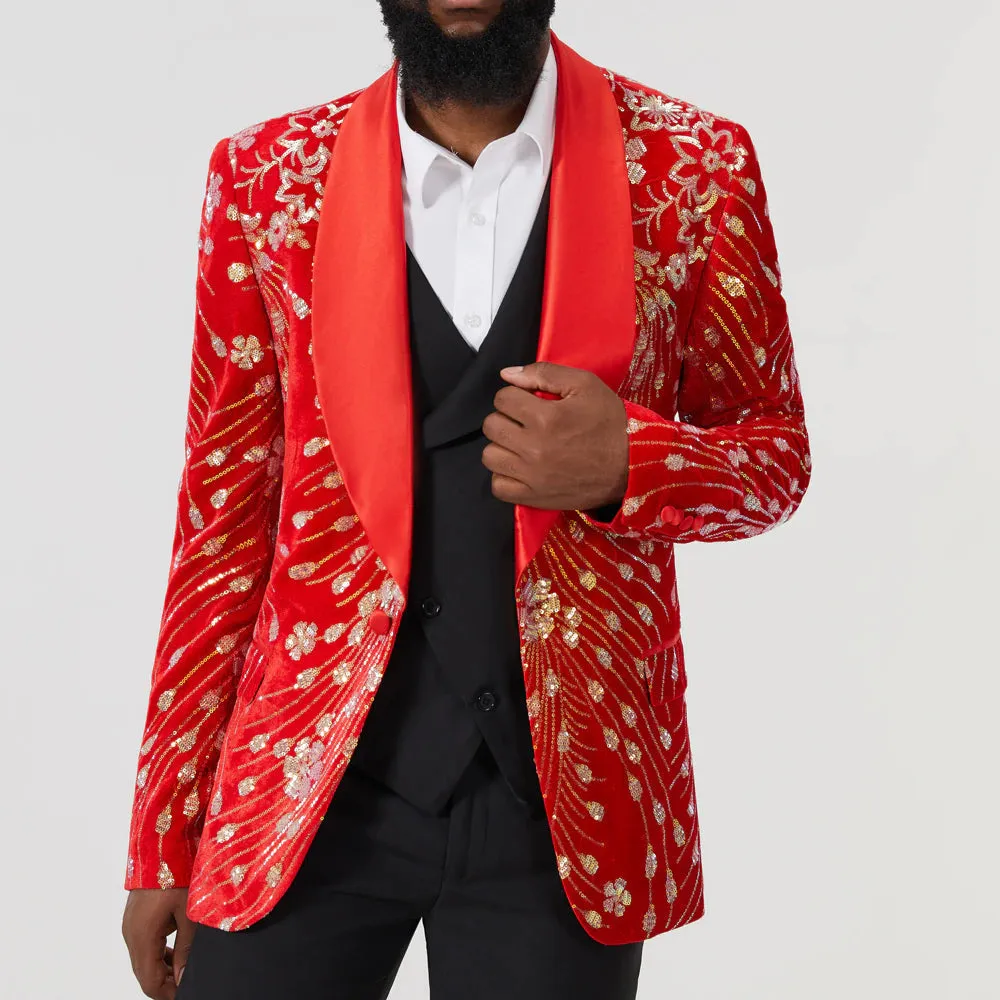 The Blaise Velvet Sequin Slim Fit Blazer Suit Jacket - Cherry Red