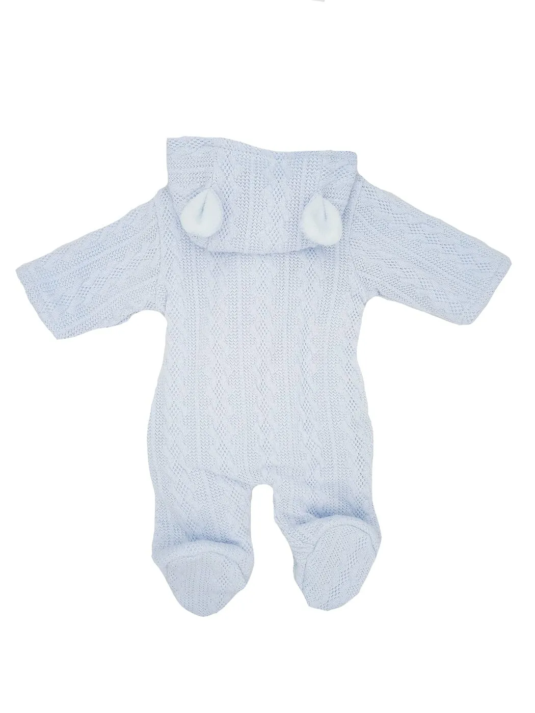 Tiny Baby Pramsuit With Bunny Ears - Blue, Knitted