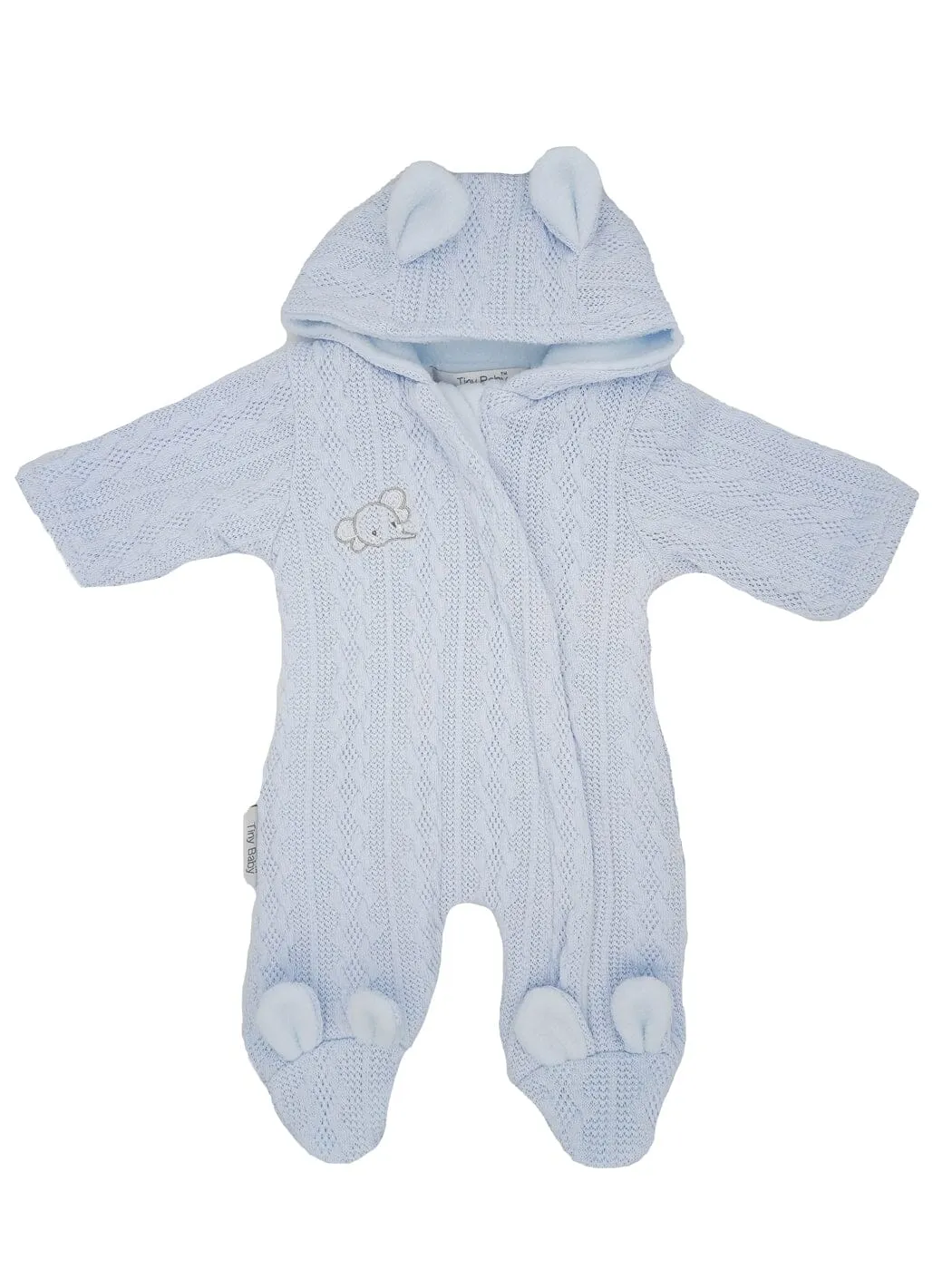 Tiny Baby Pramsuit With Bunny Ears - Blue, Knitted
