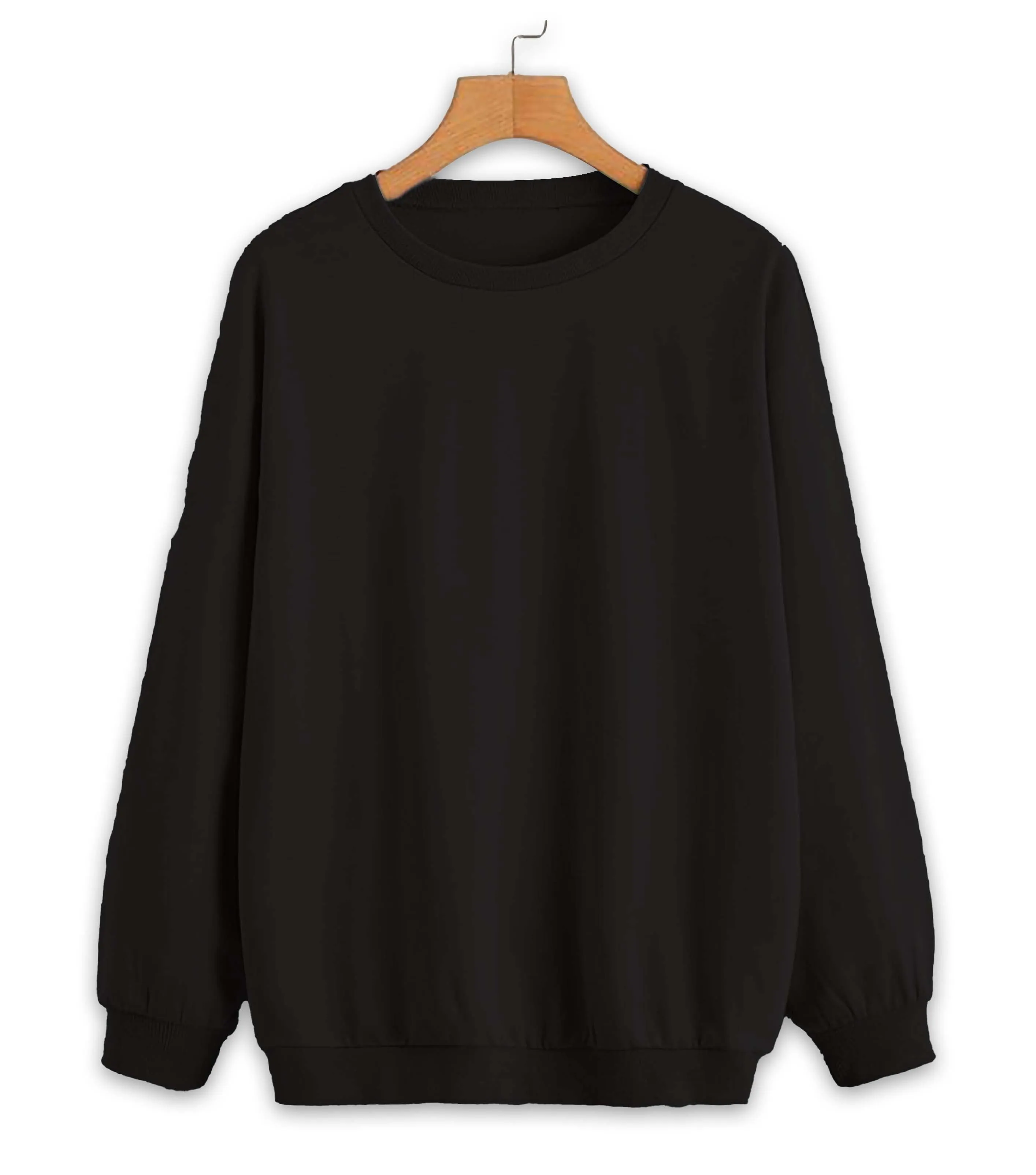 Vimal Jonney Black Solid Round Neck Cotton Fleece Sweatshirt for Women