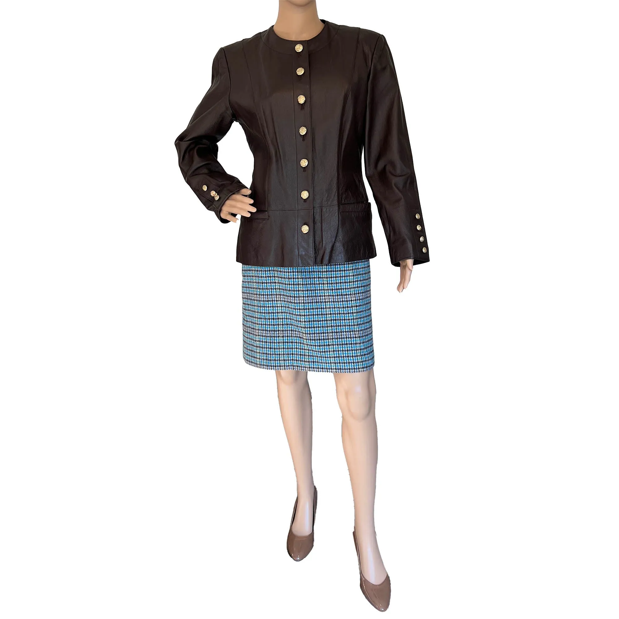 Women's Spiegel Brown Leather Button Front Suit Jacket Blazer, Size 6