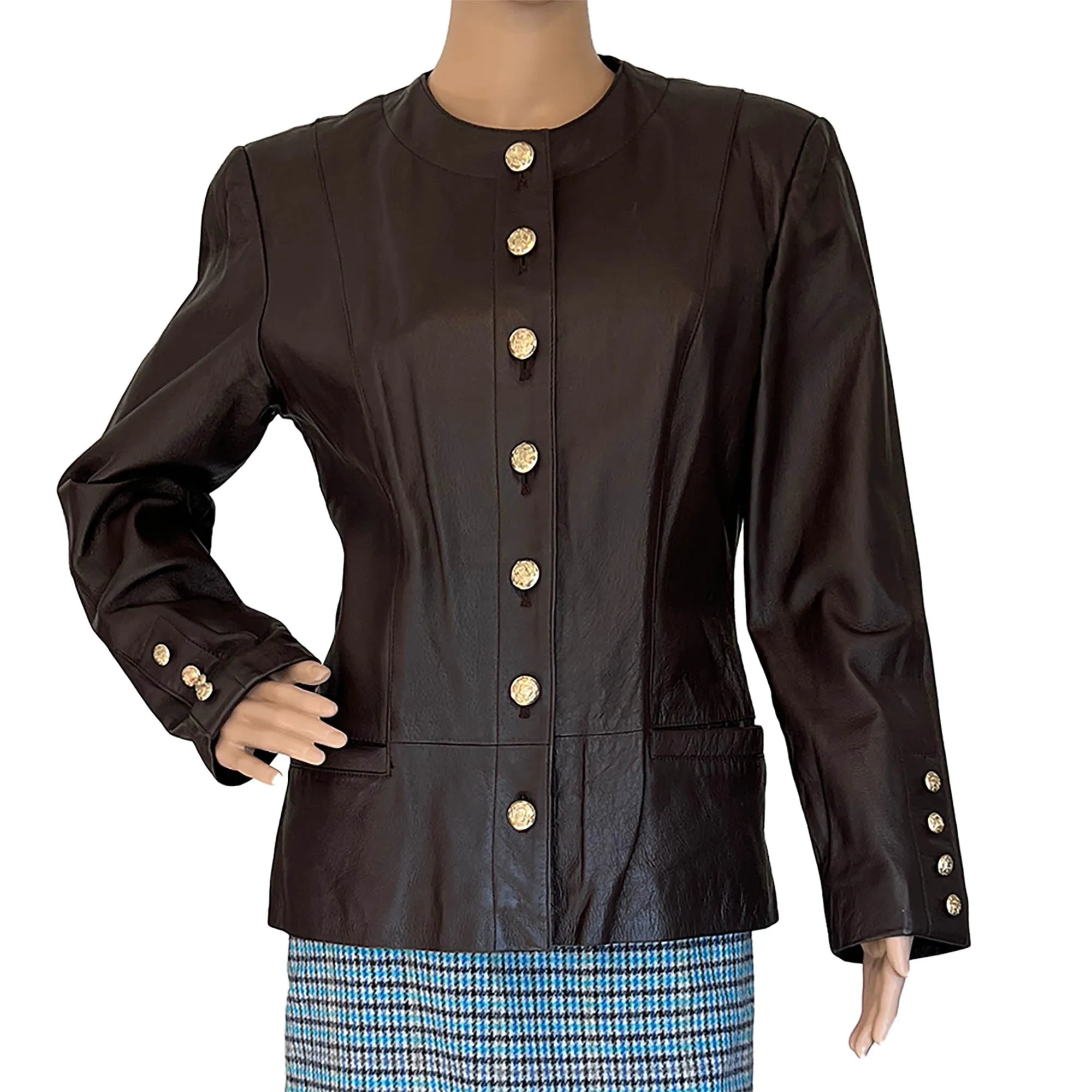 Women's Spiegel Brown Leather Button Front Suit Jacket Blazer, Size 6