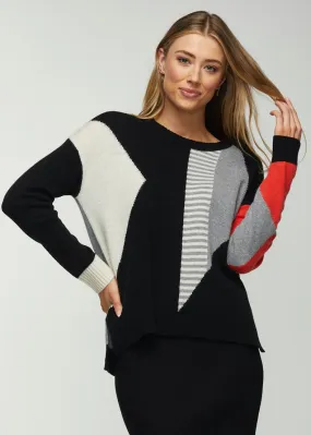 ZP5311 Knit Sweater W/Triangle Print And Striped Slvs