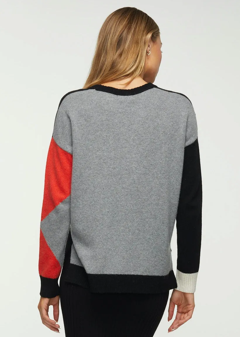 ZP5311 Knit Sweater W/Triangle Print And Striped Slvs